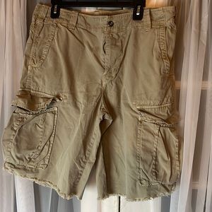 save khaki cargo shorts raw hem Men’s 36 Cotton Twill